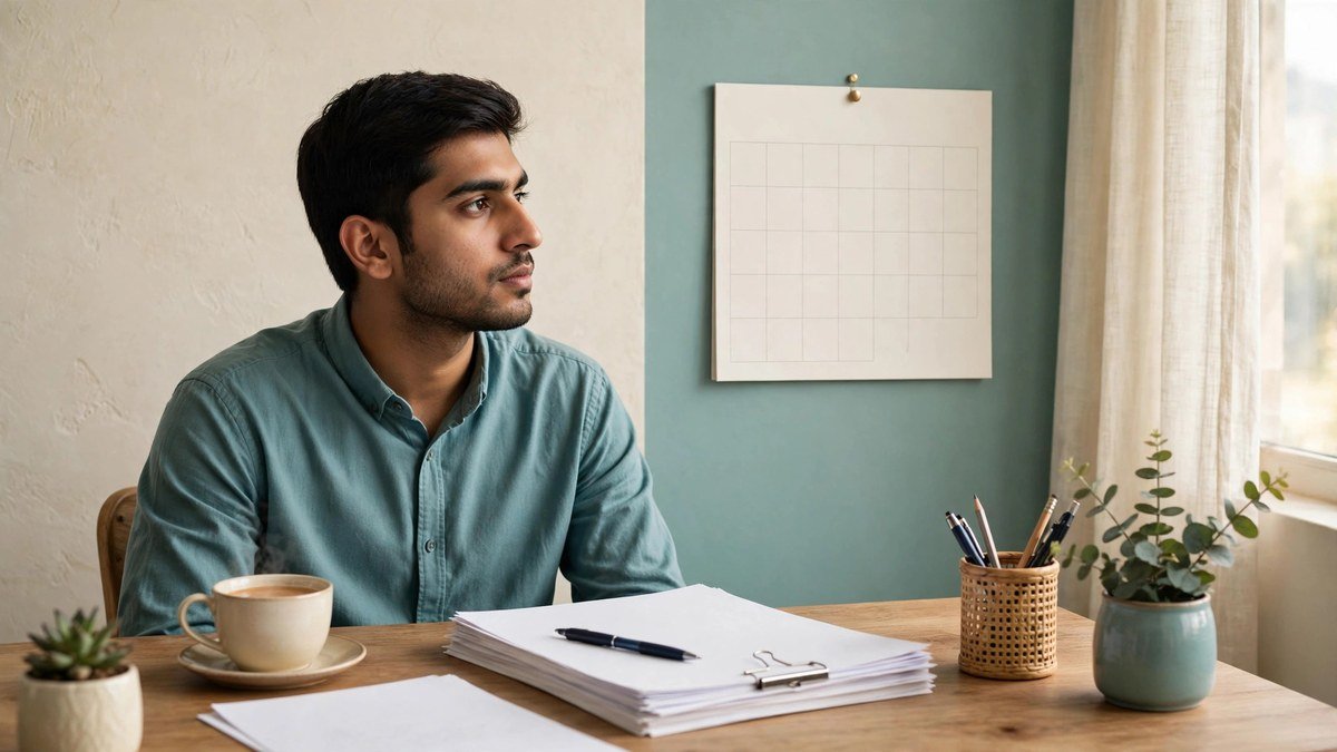A young Pakistani professional at his desk with a calendar and application documents, thinking about age limits