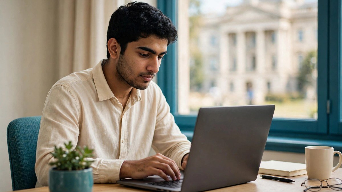 A young Pakistani applicant completing a government job application on a laptop at home