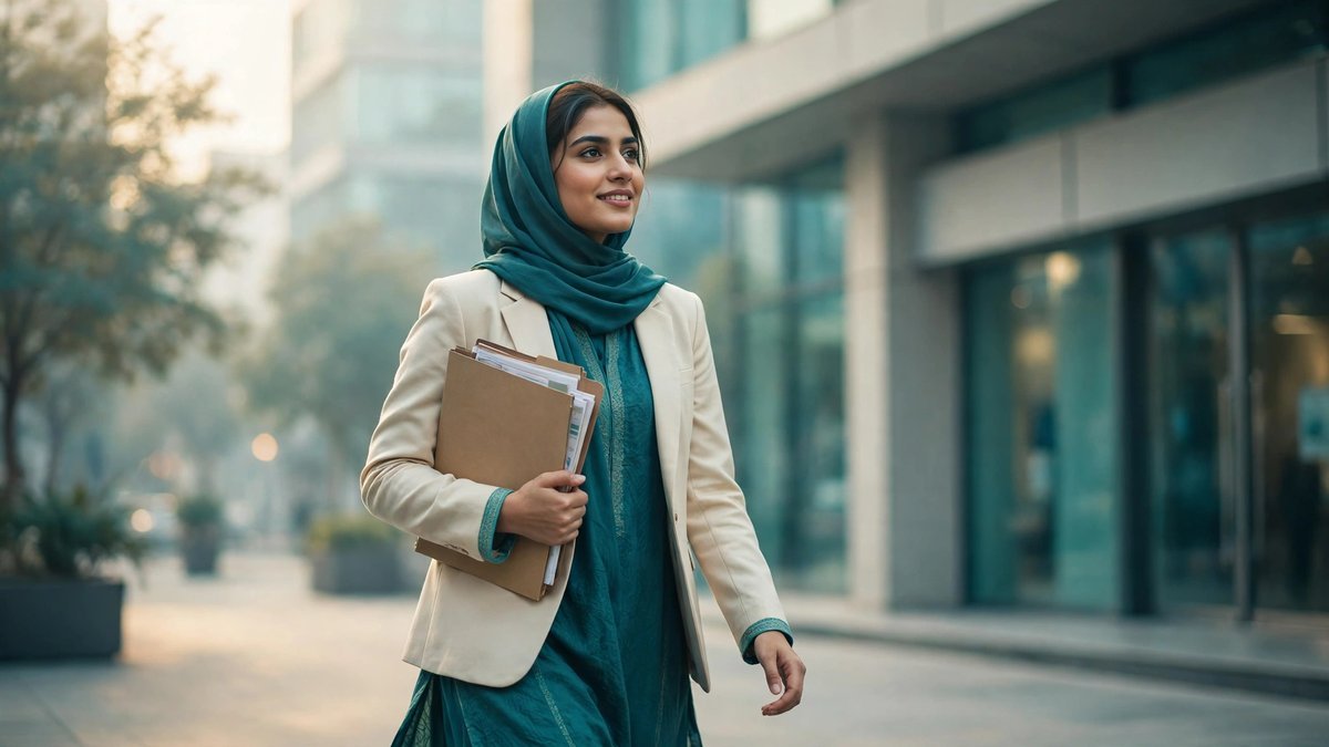 A young Pakistani professional in a blazer walking outside a modern bank building with a folder of documents