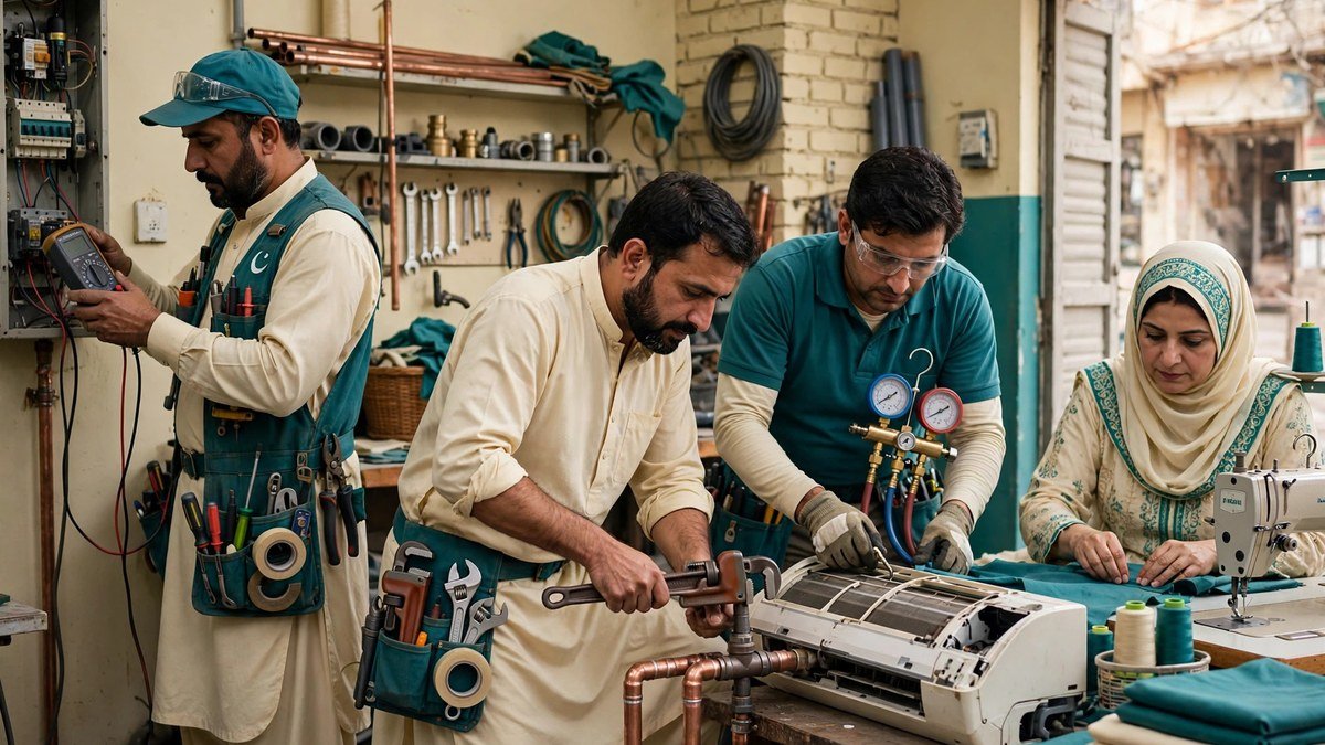 Four skilled tradespeople at work in Pakistan: an electrician, a plumber, an AC technician and a tailor