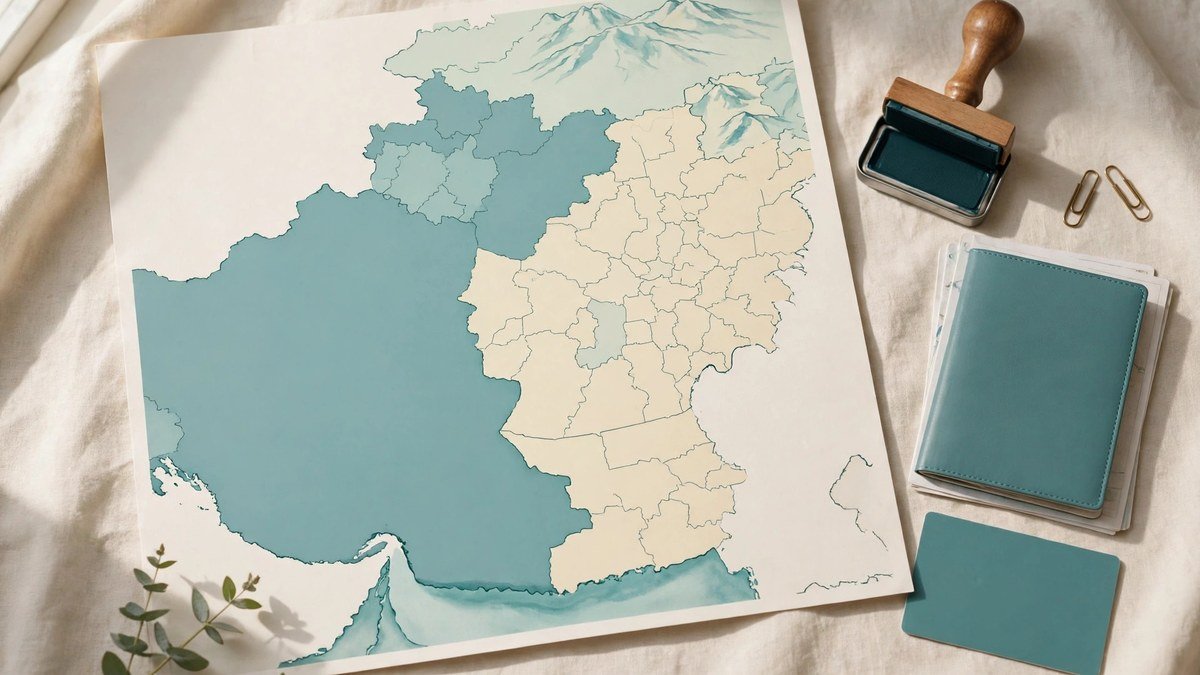 A map of Pakistan's provinces on a desk with an official stamp and identity documents