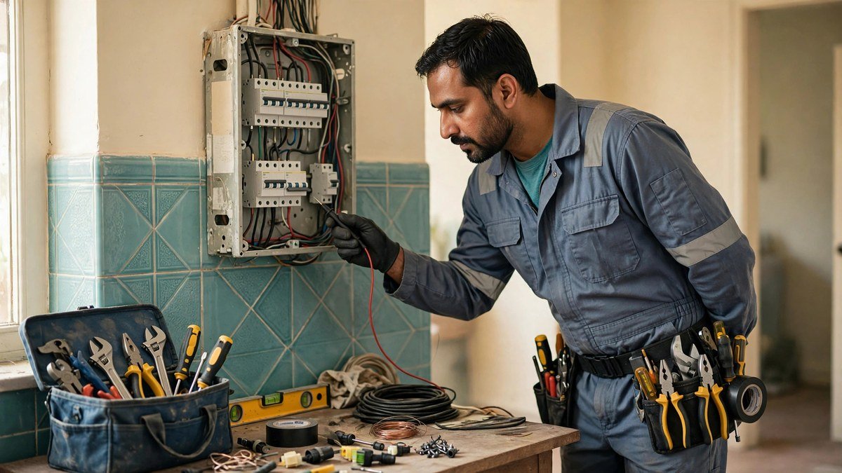 A Pakistani electrician in work clothes checking a home distribution board with tools nearby