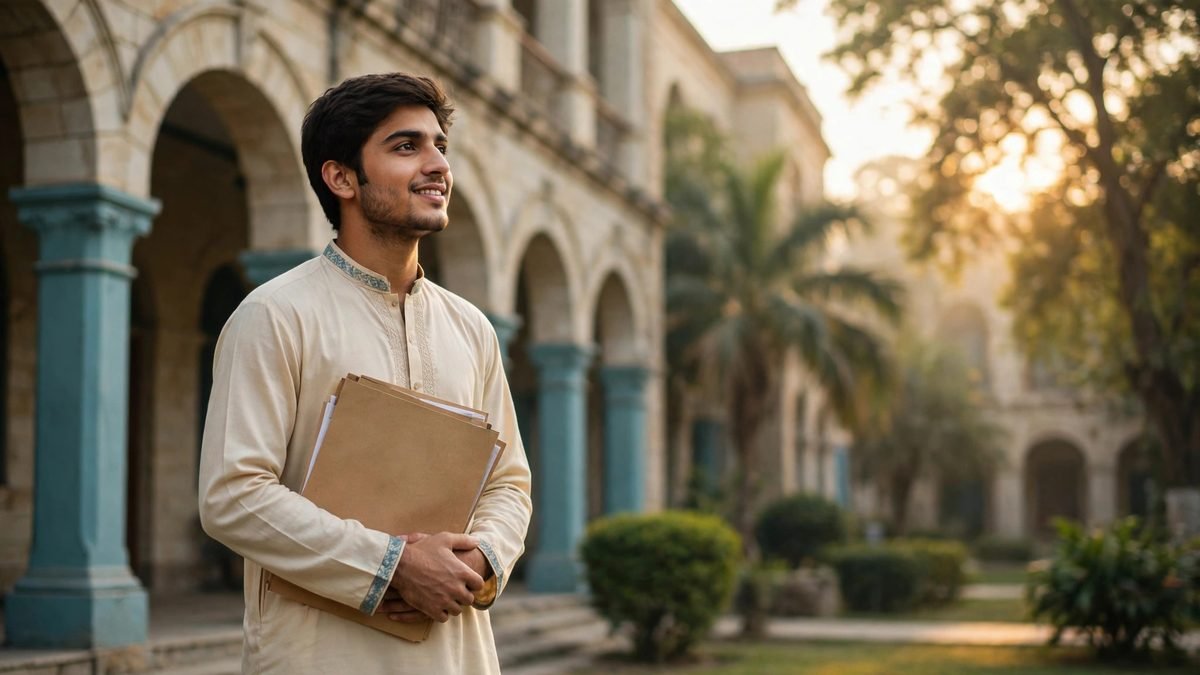 A young Pakistani school leaver starting his first job search with a notebook and a phone