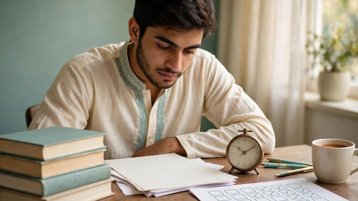 A young Pakistani man preparing for an exam at his desk with books, practice sheets and a clock