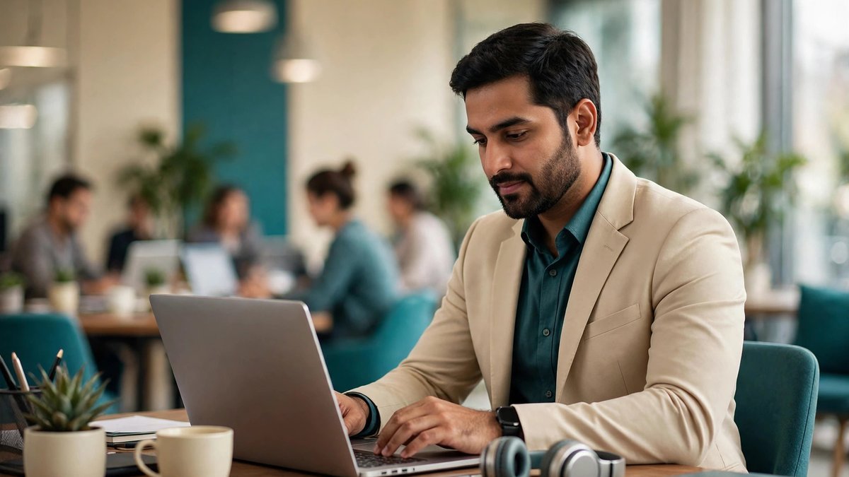 A Pakistani professional updating a career profile on a laptop in a bright office
