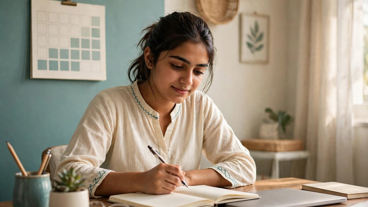 A young graduate planning the first 90 days of a career with a notebook and laptop