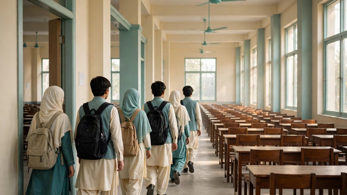 Pakistani students entering a bright examination hall with rows of desks for a test