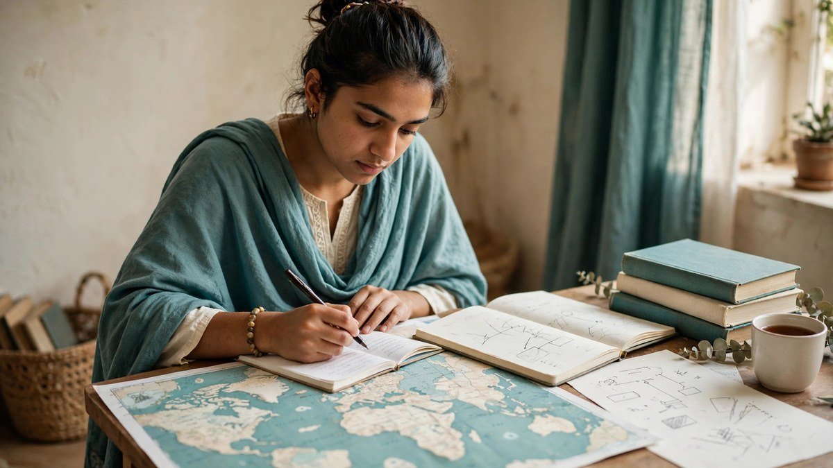 A Pakistani student revising Pakistan Studies notes with a map and history book on the desk