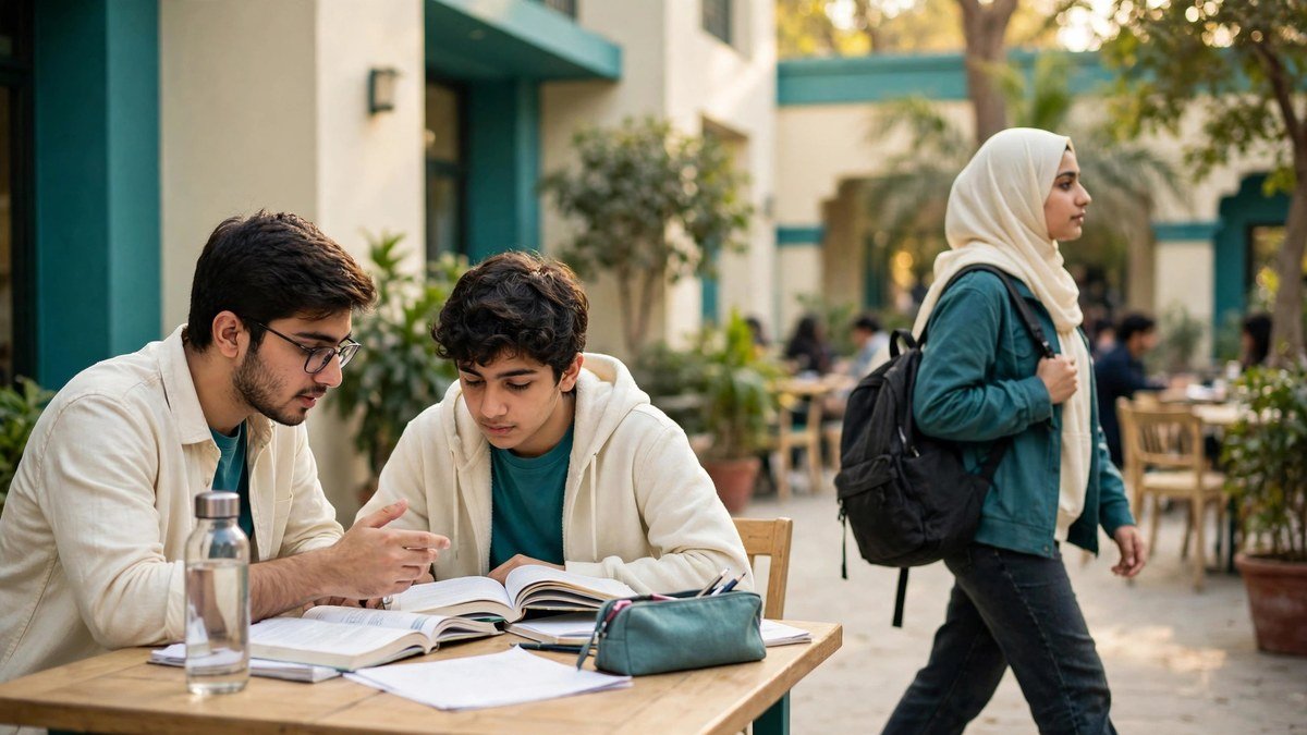 Pakistani university students working part-time around their classes, one tutoring with books open