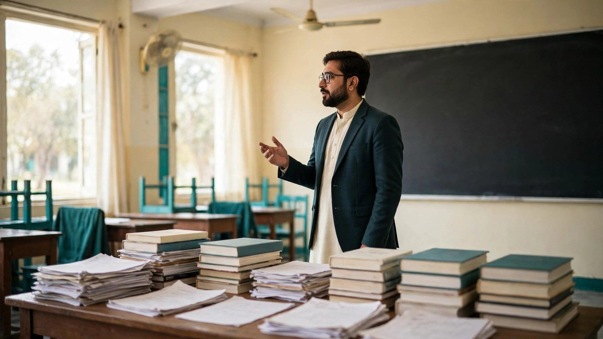 A lecturer teaching in a bright Pakistani college classroom with books and notes on a desk
