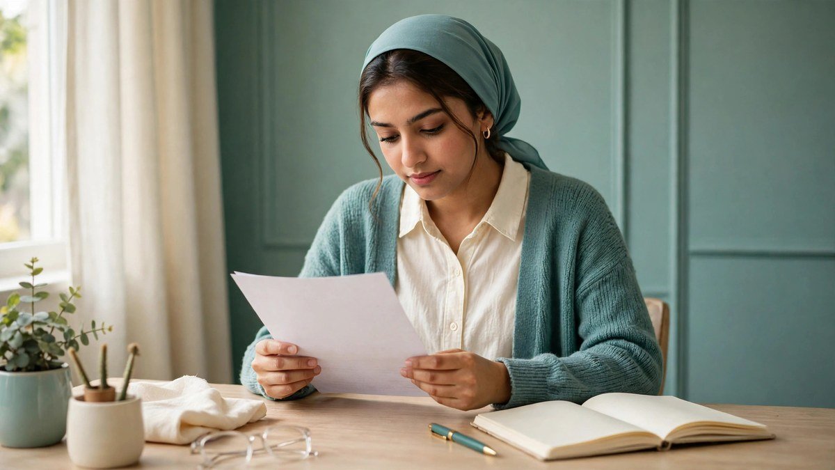 A young Pakistani graduate carefully reading a printed government job advertisement at her desk
