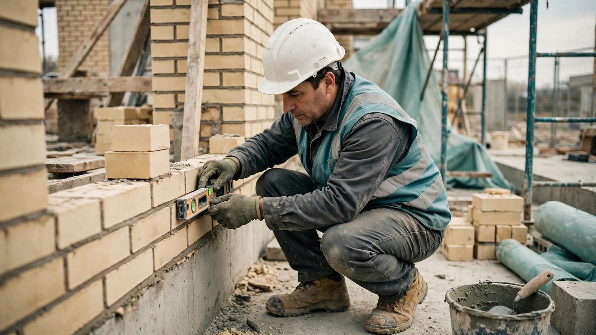 A construction worker wearing a helmet, gloves and safety shoes working carefully on a building site