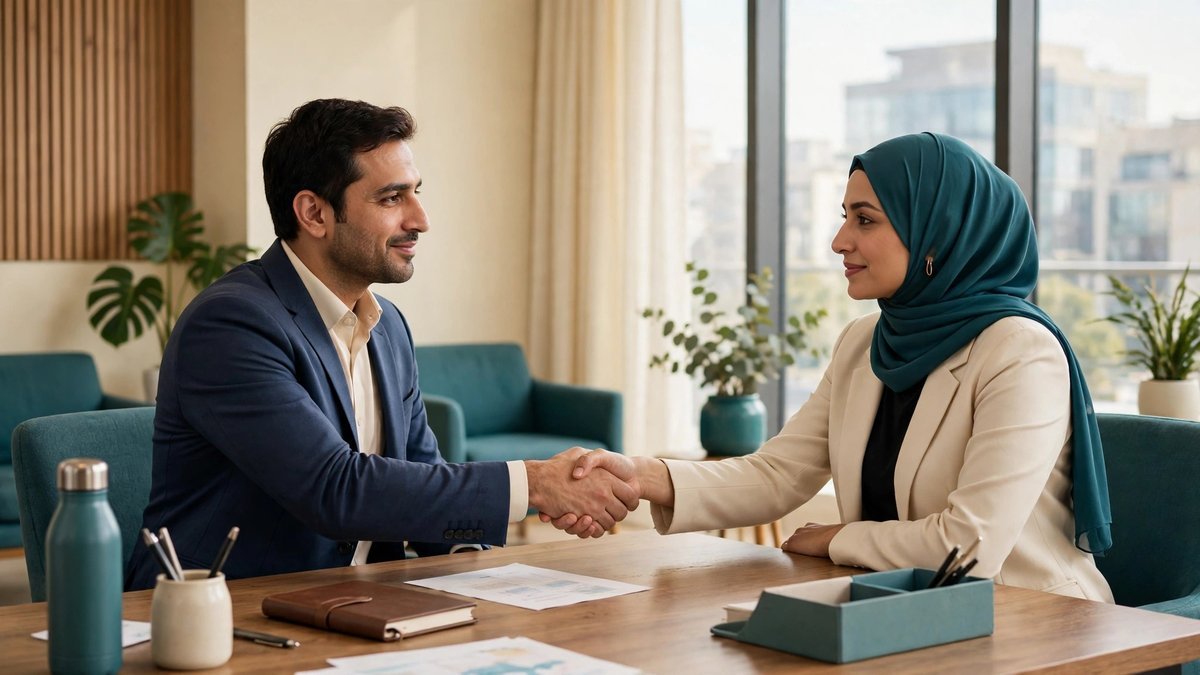 Two professionals shaking hands after a calm salary discussion in a Pakistani office