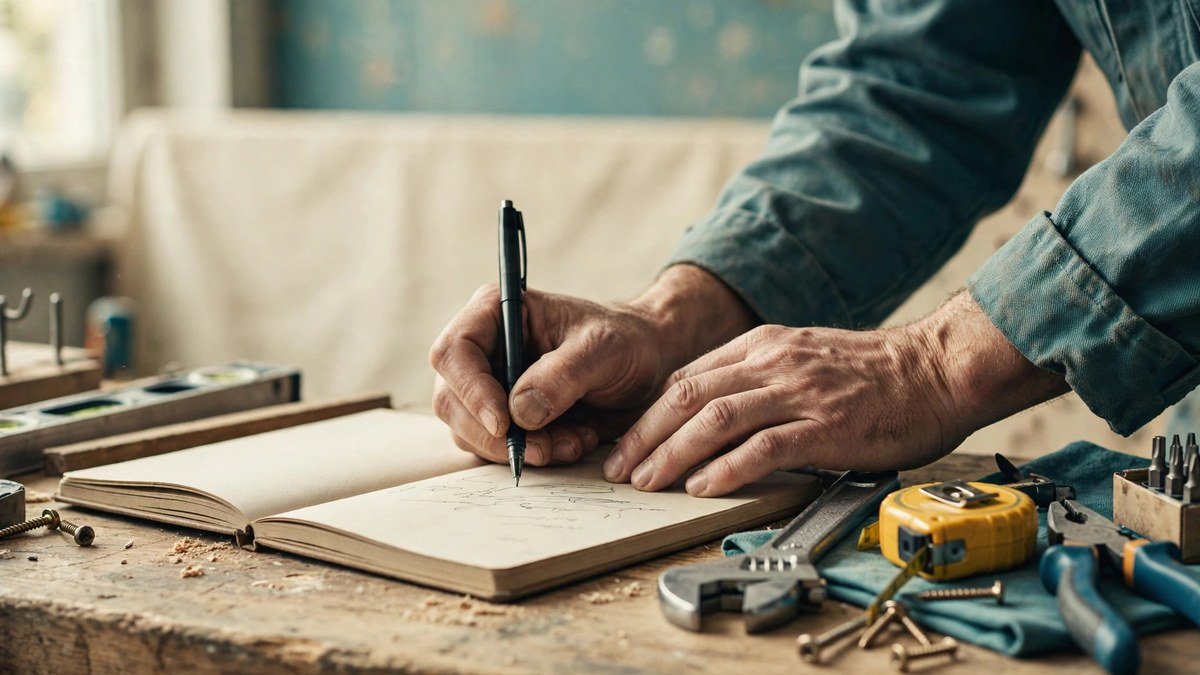 A Pakistani skilled worker writing a job quotation in a notebook beside his tools