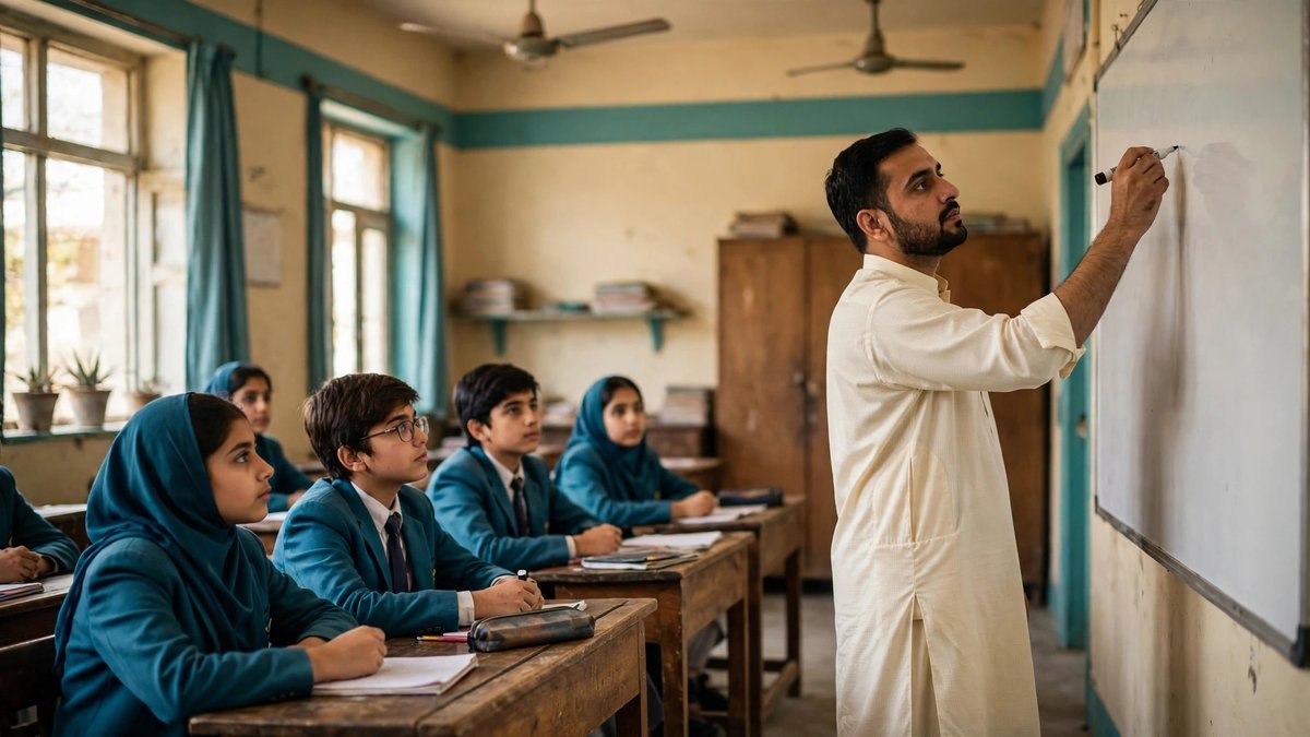 A Pakistani school teacher in a cream shalwar kameez teaching a class of students in teal uniforms at wooden desks