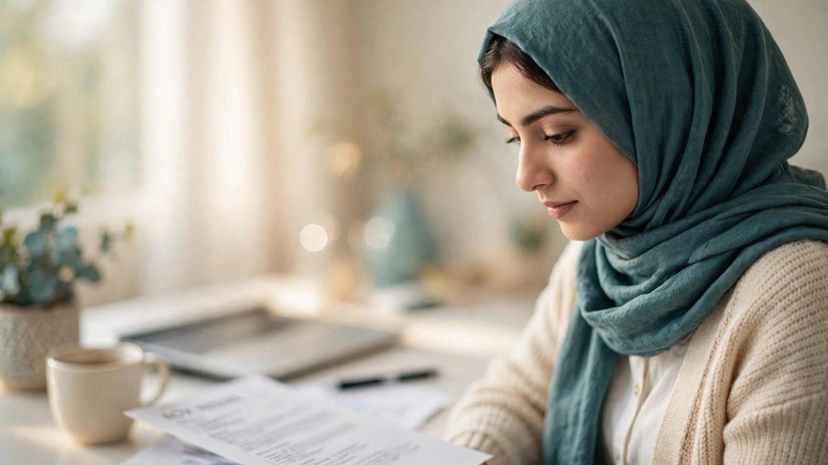 A young professional reviewing her CV at a desk